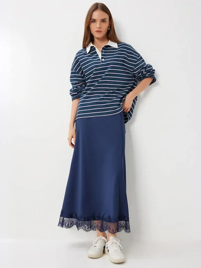 Lovely Istanbul ISTANBUL Lace Detailed Long Satin Skirt with Elastic Waist